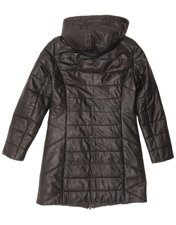 Maddox Womens Hooded Leather Padded Coat UK 12 Medium Black Leather