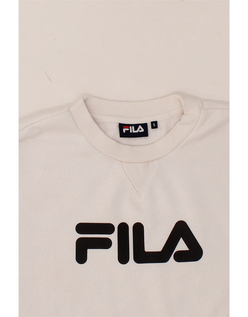 FILA Mens Graphic Sweatshirt Jumper Small White Polyester Vintage Fila and Second-Hand Fila from Messina Hembry 