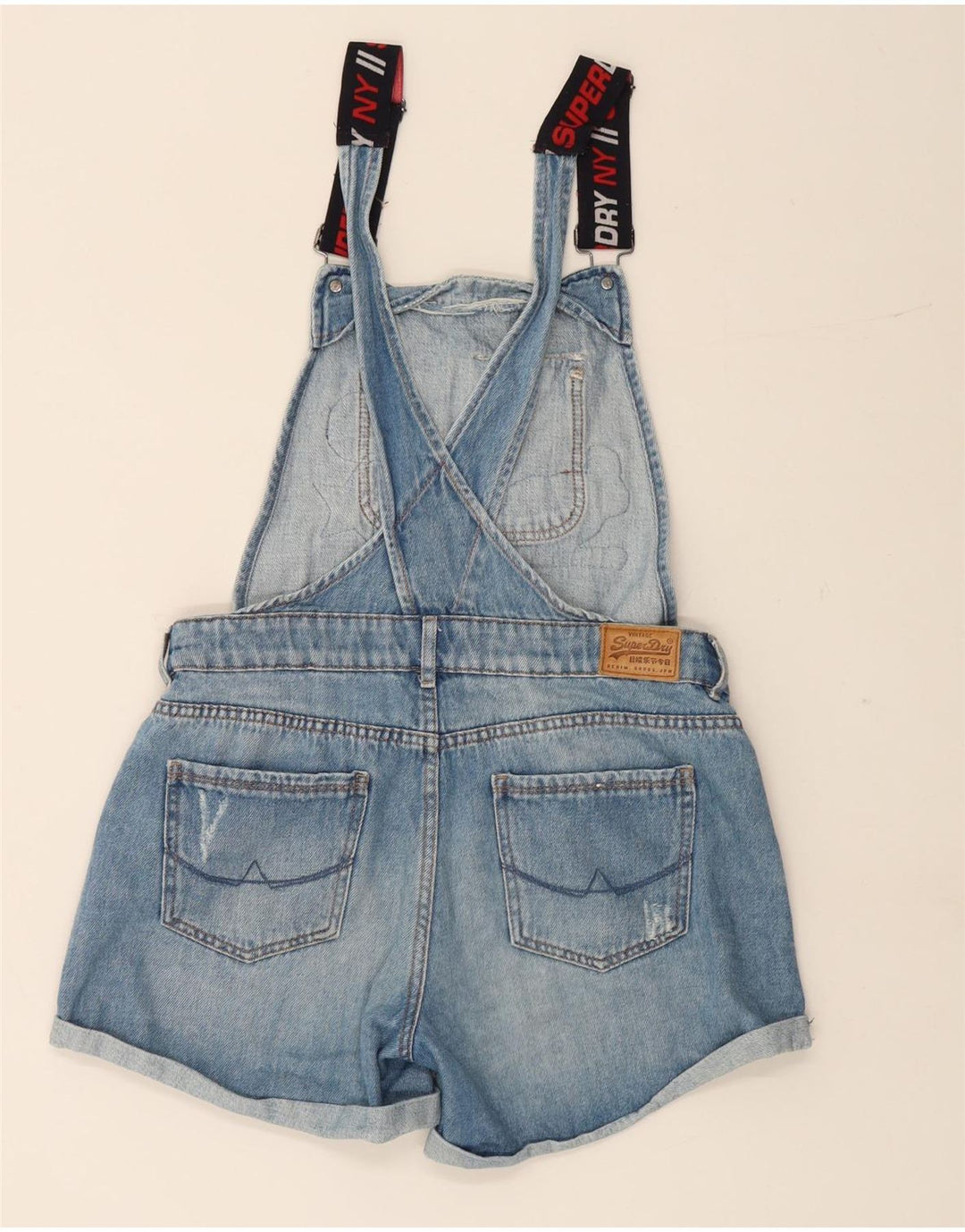 SUPERDRY Womens Distressed Dungarees Denim Shorts UK 12 Medium W28  Blue
