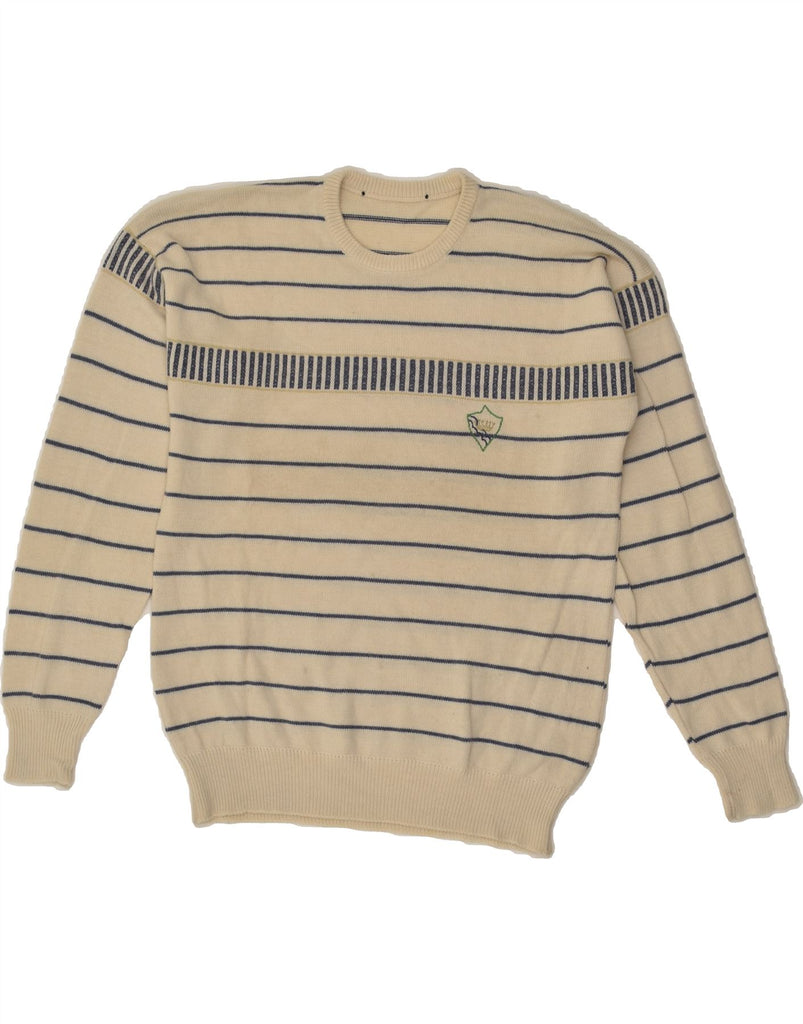 VINTAGE Mens Crew Neck Jumper Sweater Medium Beige Striped | Vintage Vintage | Thrift | Second-Hand Vintage | Used Clothing | Messina Hembry 