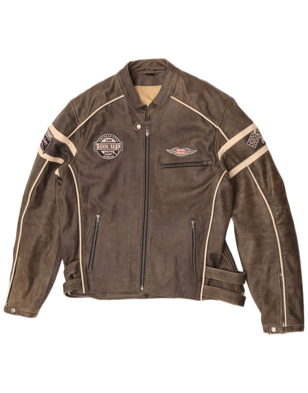 Spirit Motors Mens Graphic Leather Racer Jacket UK 44 2XL Brown Leather