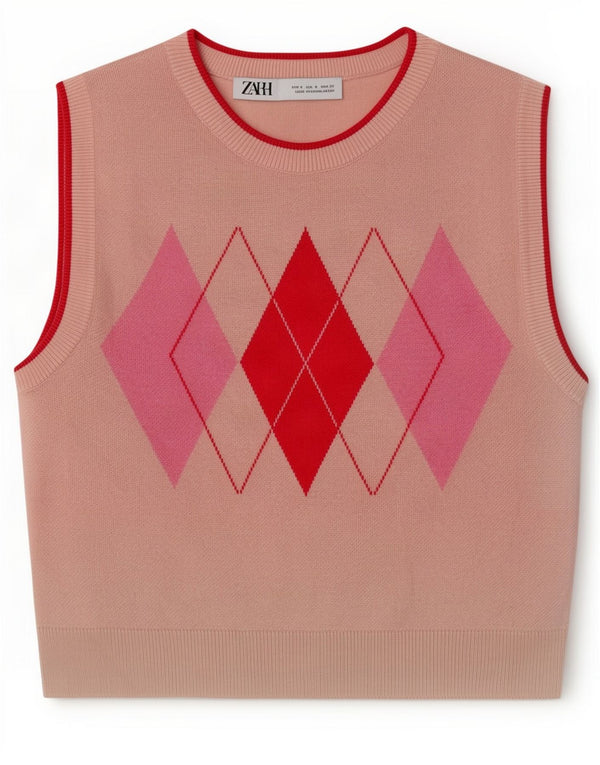 Zara Womens Crop Vest Tank Top UK 8 Small Pink Argyle/Diamond Viscose