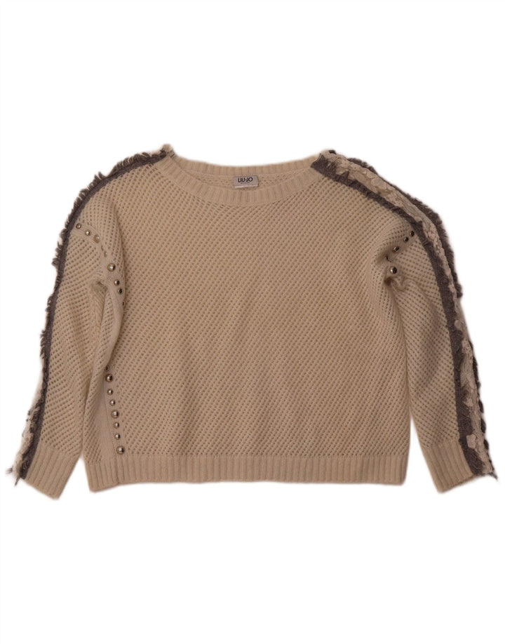 LIU JO Womens Crop Crochet Boat Neck Jumper Sweater UK 12 Medium White