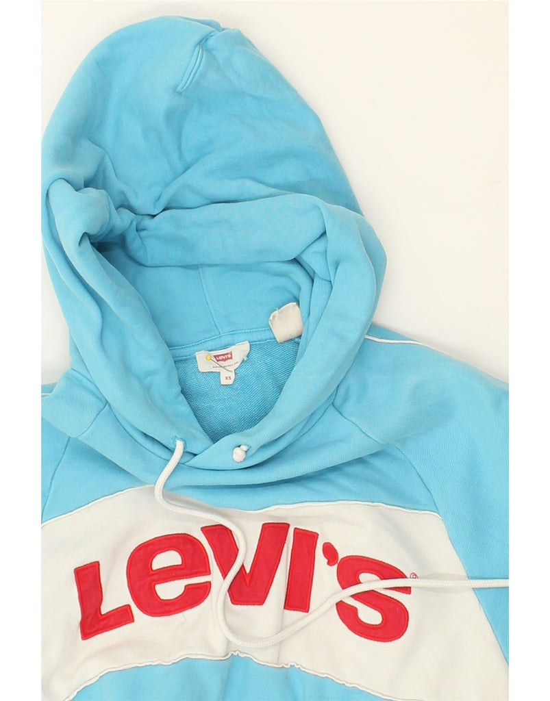 LEVI'S Womens Graphic Crop Hoodie Jumper UK 6 XS Blue Colourblock | Vintage Levi's | Thrift | Second-Hand Levi's | Used Clothing | Messina Hembry 