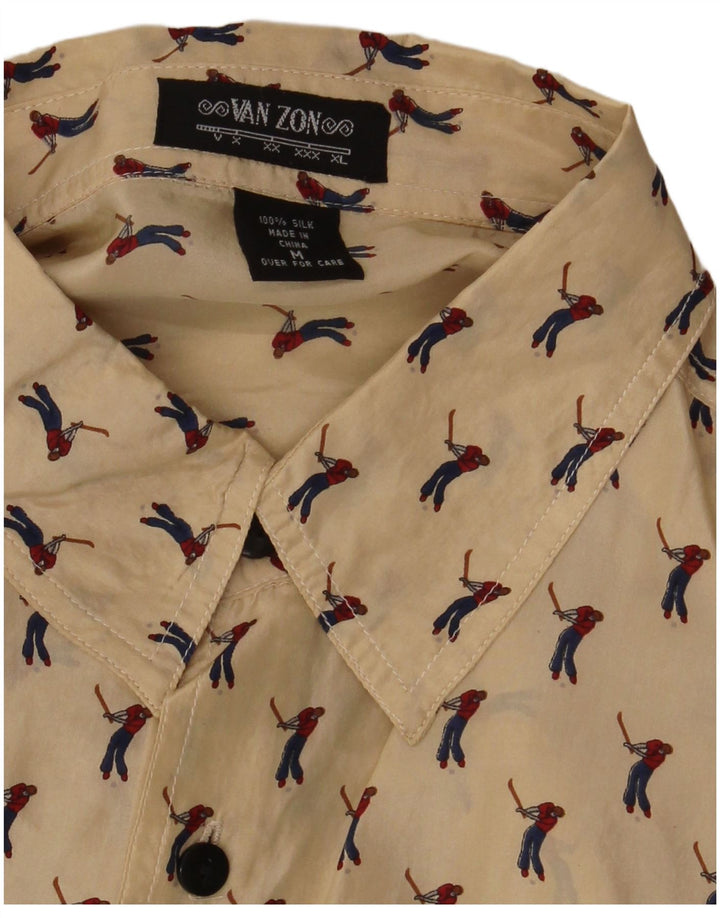 VAN ZON Mens Golf Abstract Pattern Short Sleeve Shirt Medium Beige Silk