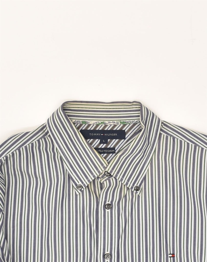 TOMMY HILFIGER Mens Shirt Large Grey Striped Cotton | Vintage Tommy Hilfiger | Thrift | Second-Hand Tommy Hilfiger | Used Clothing | Messina Hembry 