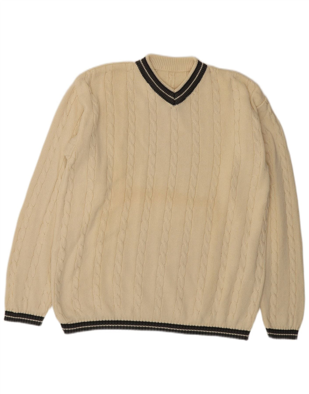Vintage Mens V-Neck Jumper Sweater Large Beige Cotton