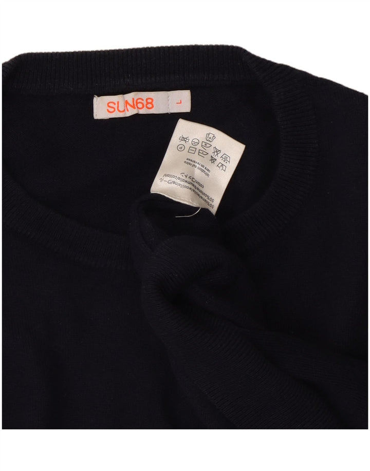 Sun68 Mens Crew Neck Jumper Sweater Large Navy Blue Wool