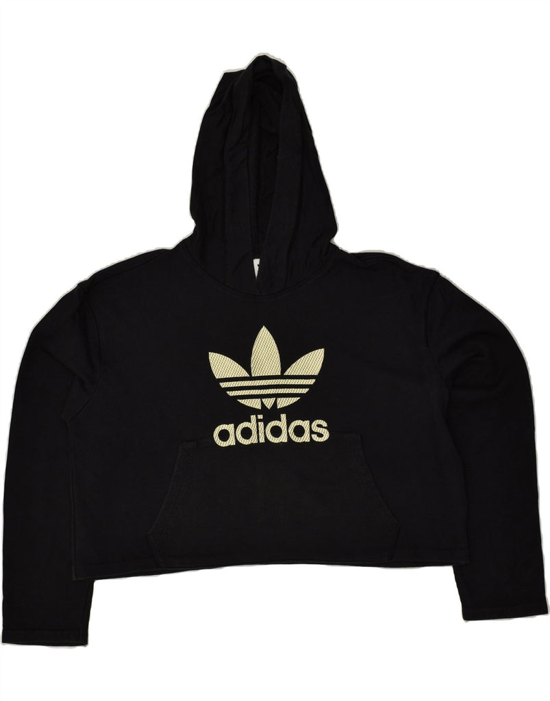 ADIDAS Womens Graphic Crop Hoodie Jumper UK 12 Medium Black Cotton | Vintage Adidas | Thrift | Second-Hand Adidas | Used Clothing | Messina Hembry 