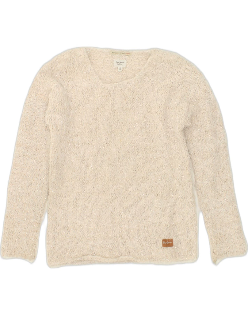 PEPE JEANS Girls Crew Neck Jumper Sweater 9-10 Years Beige Flecked Cotton | Vintage PEPE Jeans | Thrift | Second-Hand PEPE Jeans | Used Clothing | Messina Hembry 