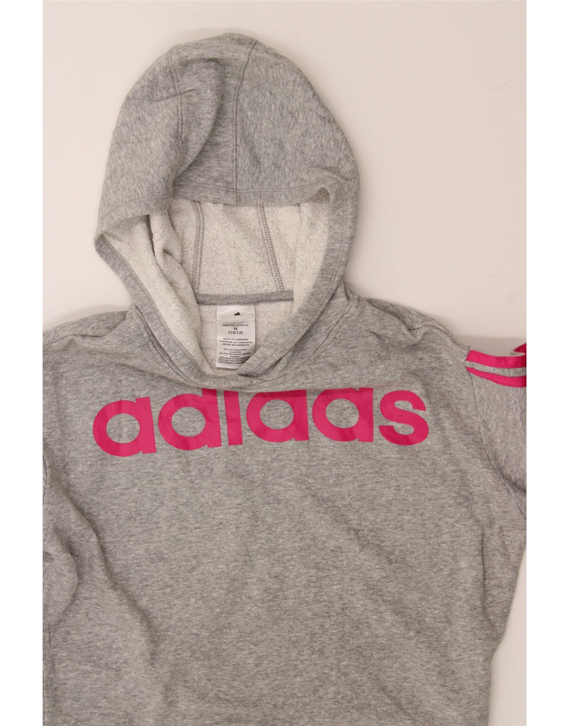 ADIDAS Girls Graphic Hoodie Jumper 10-11 Years Medium Grey Cotton Vintage Adidas and Second-Hand Adidas from Messina Hembry 