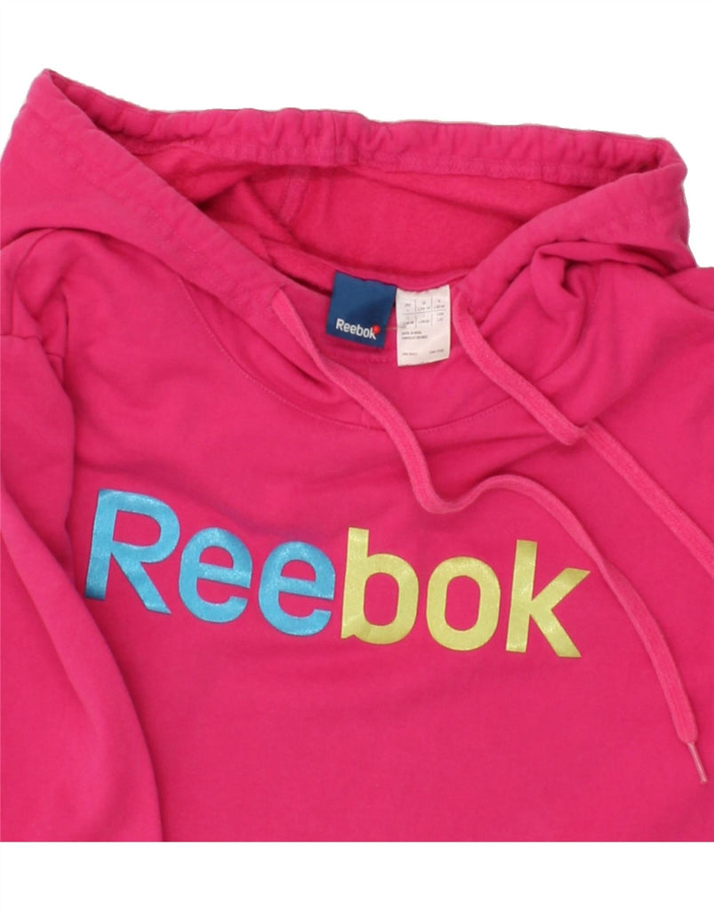 REEBOK Womens Graphic Hoodie Jumper UK 16 Large Pink Cotton Vintage Reebok and Second-Hand Reebok from Messina Hembry 