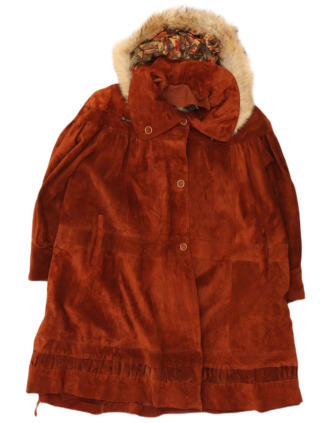 Vintage Womens Oversized Hooded Suede Overcoat UK 14 Medium Brown Leather