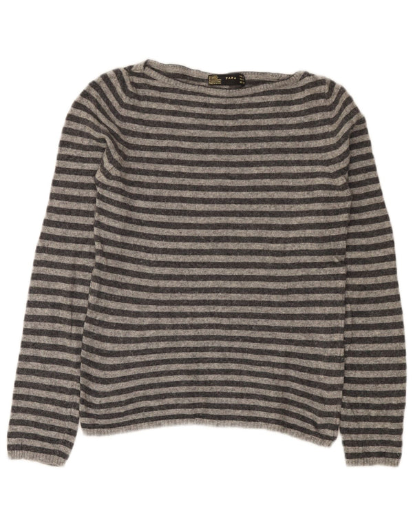 Zara Womens Boat Neck Jumper Sweater UK 14 Large Grey Striped Wool