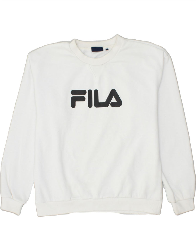 FILA Mens Graphic Sweatshirt Jumper Medium White Polyester | Vintage Fila | Thrift | Second-Hand Fila | Used Clothing | Messina Hembry 