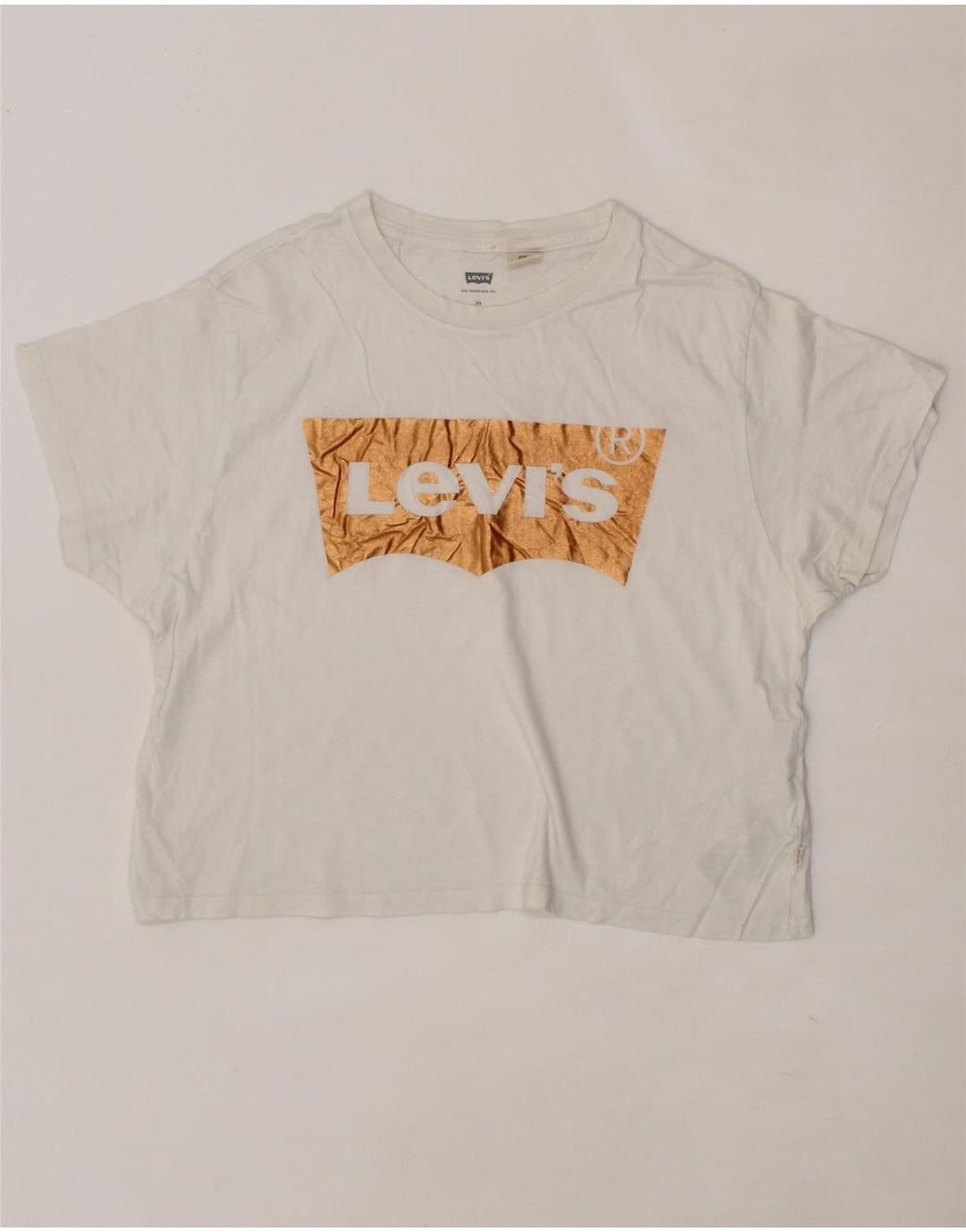 LEVI'S Womens Crop Oversized Graphic T-Shirt Top UK 6 XS White Cotton Vintage Levi's and Second-Hand Levi's from Messina Hembry 