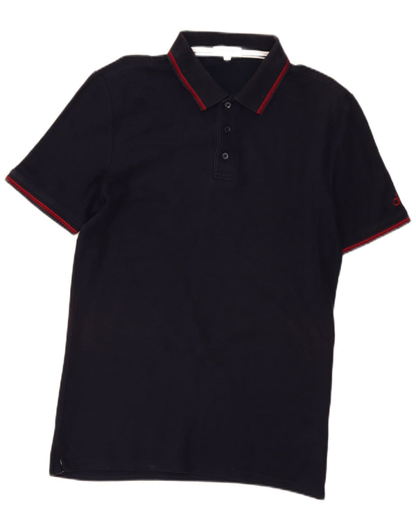 Calvin Klein Mens Polo Shirt Small Navy Blue Striped Cotton