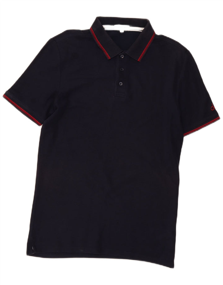 Calvin Klein Mens Polo Shirt Small Navy Blue Striped Cotton