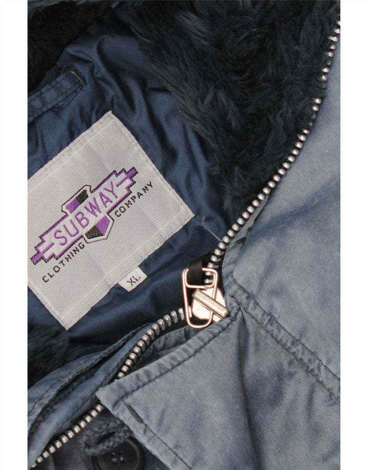 Vintage Mens Hooded Bomber Jacket UK 42 XL Navy Blue Polyamide