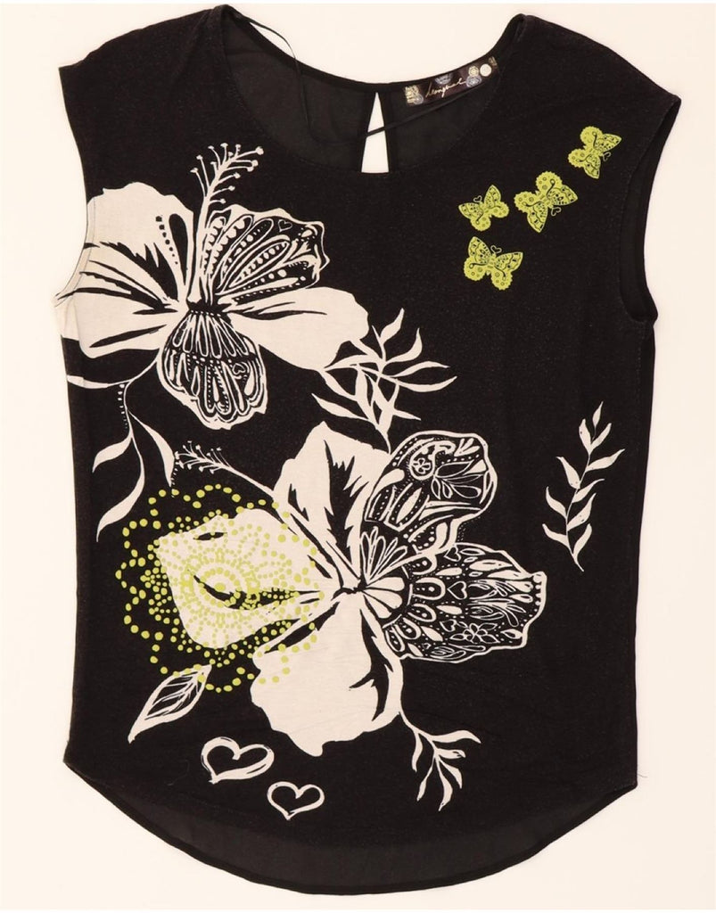 DESIGUAL Womens Oversized See Through Blouse Top UK 6 XS Black Floral Vintage Desigual and Second-Hand Desigual from Messina Hembry 