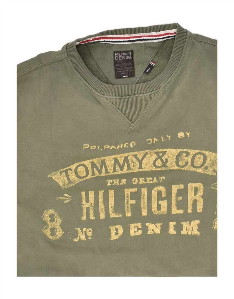 TOMMY HILFIGER Mens Graphic Sweatshirt Jumper Small Khaki Cotton | Vintage Tommy Hilfiger | Thrift | Second-Hand Tommy Hilfiger | Used Clothing | Messina Hembry 