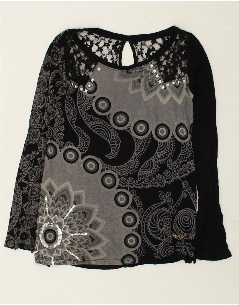 DESIGUAL Womens Graphic Top Long Sleeve UK 12 Medium Grey Colourblock | Vintage Desigual | Thrift | Second-Hand Desigual | Used Clothing | Messina Hembry 