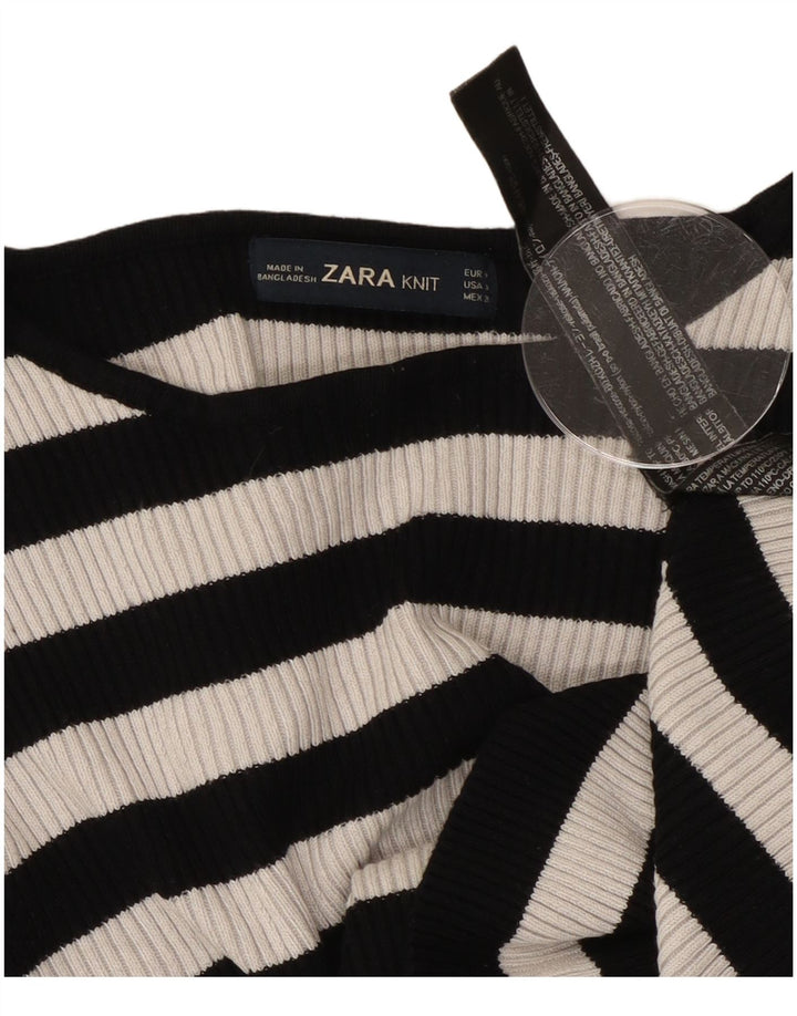 ZARA Womens Crop Boat Neck Jumper Sweater UK 12 Medium Black Striped