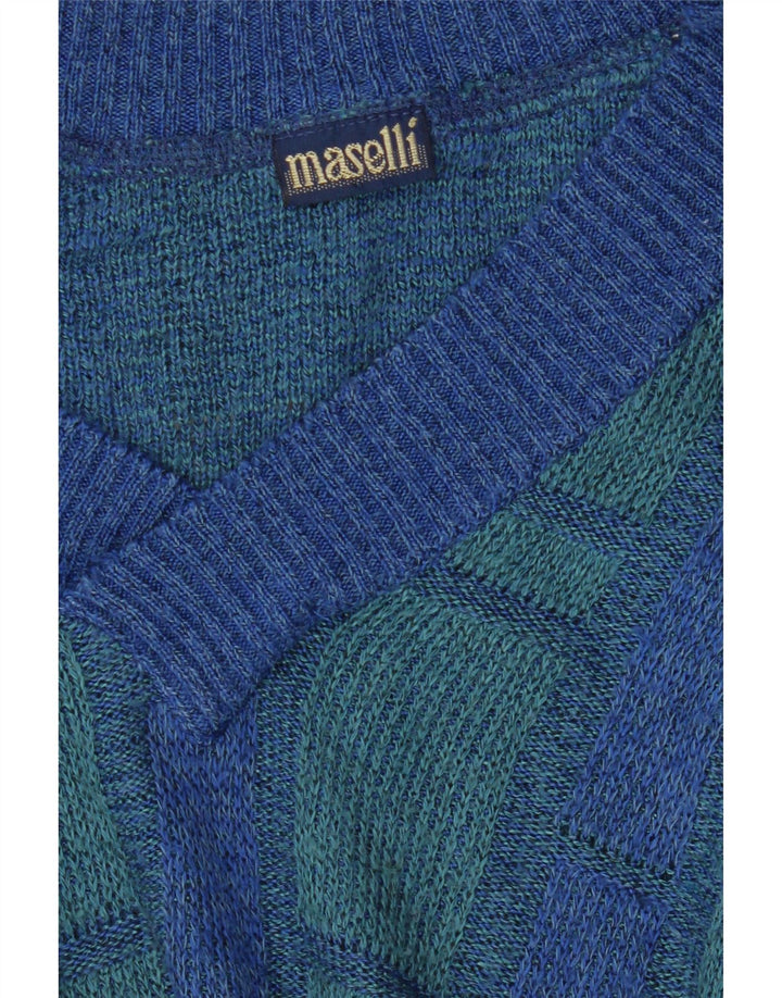 Maselli Mens V-Neck Jumper Sweater Large Blue Check