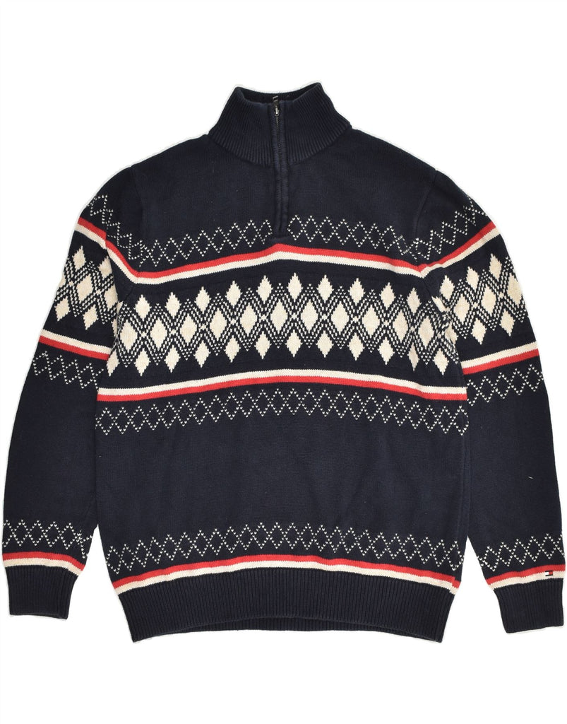 TOMMY HILFIGER Mens Zip Neck Jumper Sweater Medium Navy Blue Fair Isle | Vintage Tommy Hilfiger | Thrift | Second-Hand Tommy Hilfiger | Used Clothing | Messina Hembry 