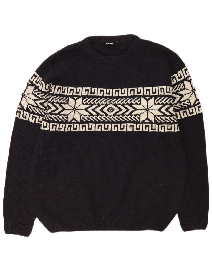 Watson's Mens Crew Neck Jumper Sweater Large Black Fair Isle Polyacrylic