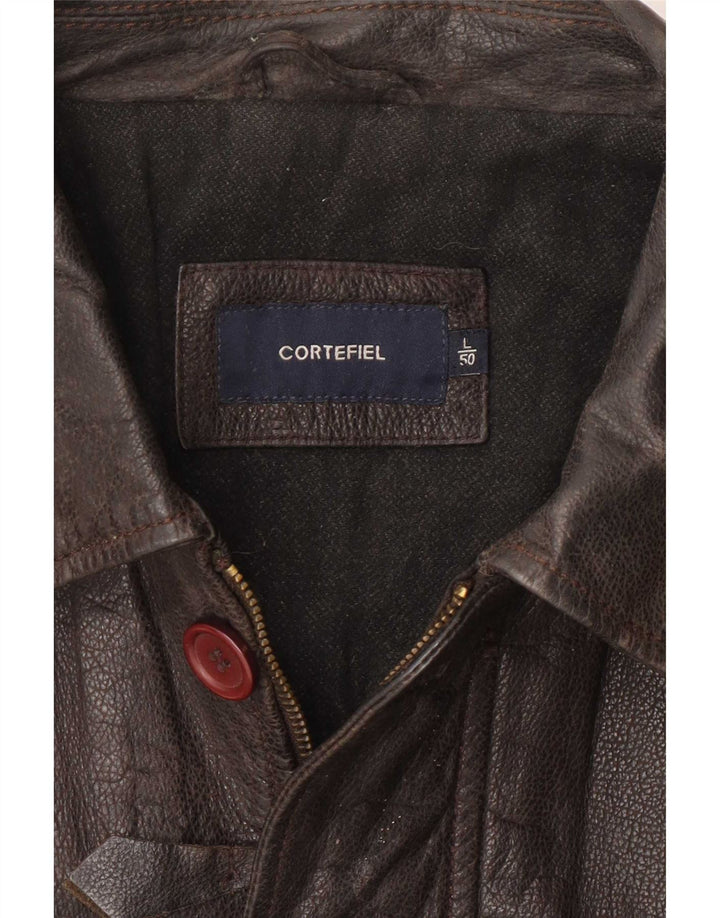 Cortefiel Mens Leather Jacket IT 50 Large Brown Classic