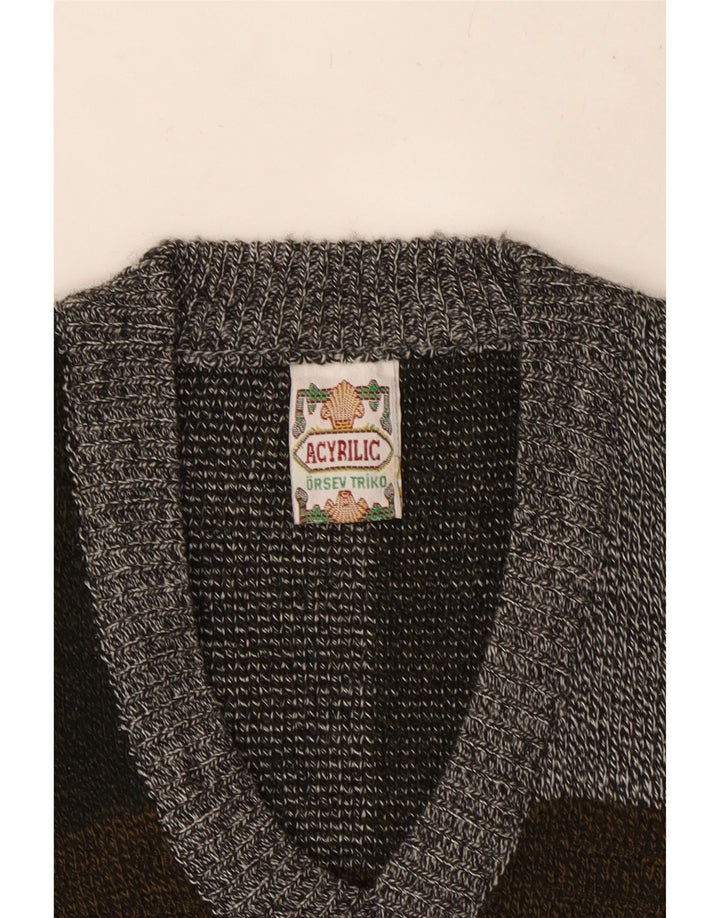 VINTAGE Mens Vest Tank Top Medium Grey Colourblock Acrylic