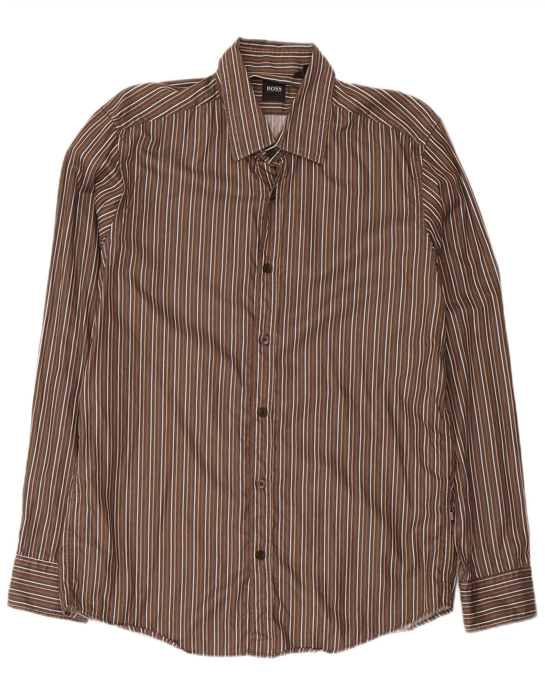 Hugo Boss Mens Shirt Medium Brown Pinstripe Cotton