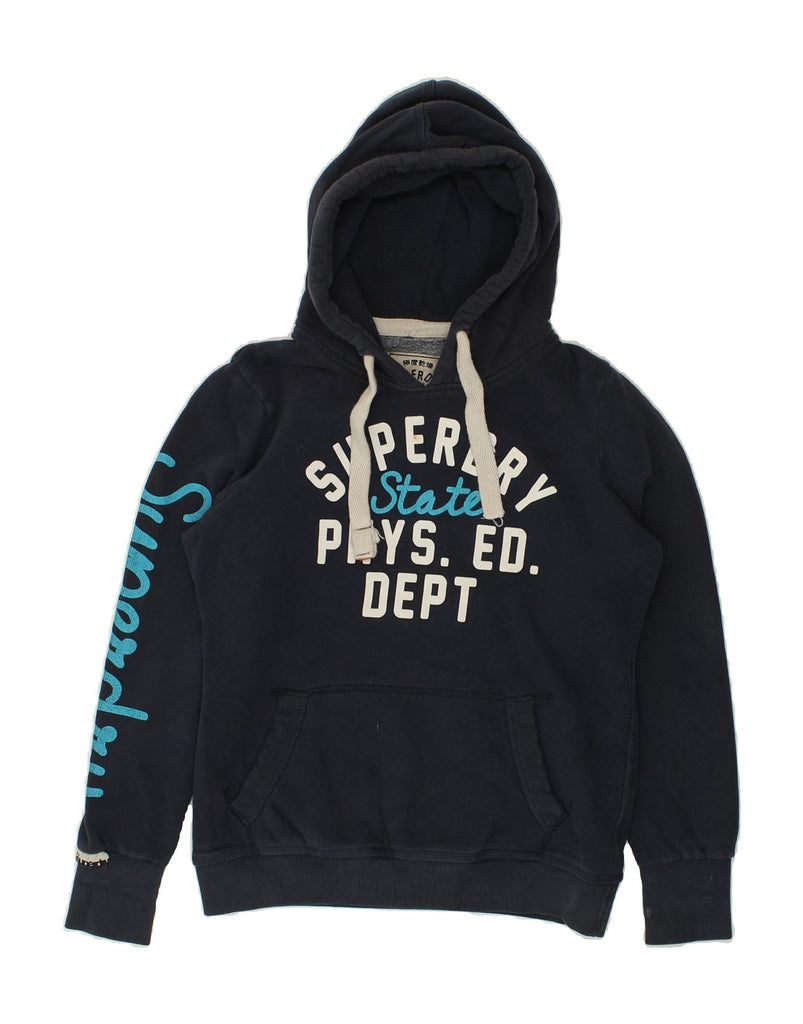 SUPERDRY Womens Graphic Hoodie Jumper UK 16 Large Navy Blue Cotton | Vintage Superdry | Thrift | Second-Hand Superdry | Used Clothing | Messina Hembry 