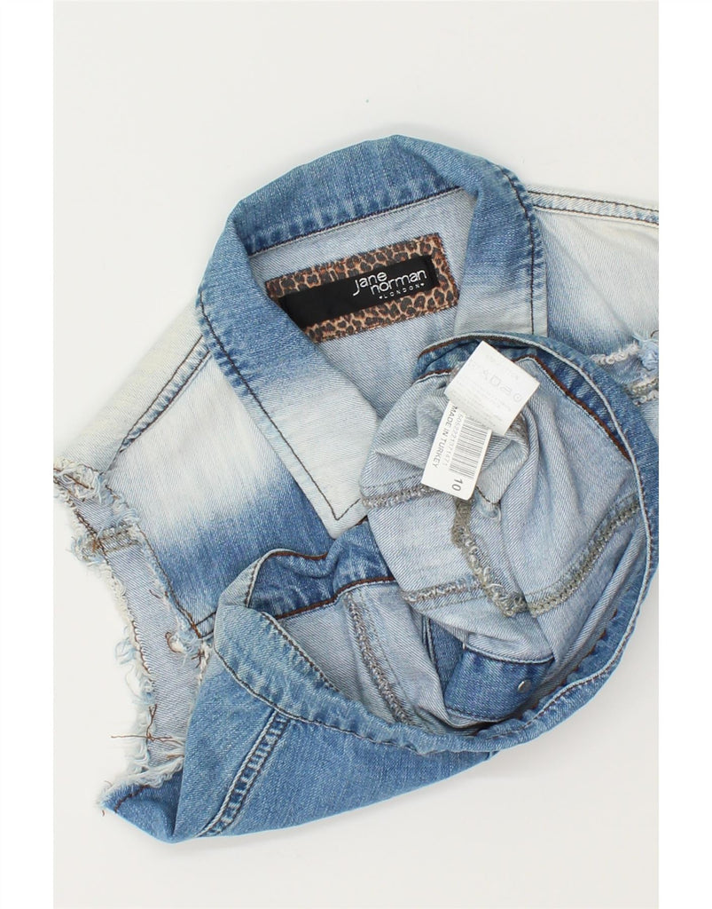 JANE NORMAN Womens Crop Denim Gilet UK 10 Small  Blue Tie Dye Cotton Vintage Jane Norman and Second-Hand Jane Norman from Messina Hembry 