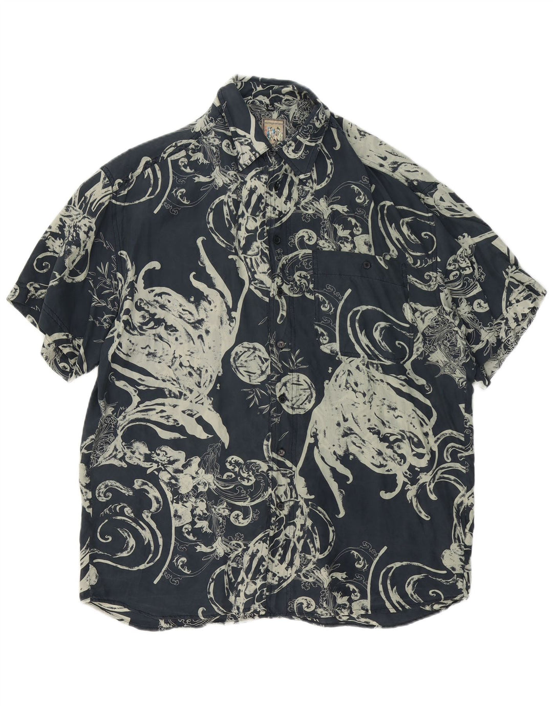 REPORT Mens Short Sleeve Shirt Size 41/42 Large Navy Blue Paisley