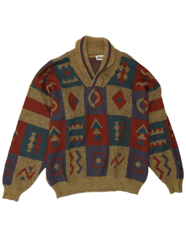 Vintage Mens Shawl Neck Jumper Sweater EU 56 XL Multicoloured Geometric
