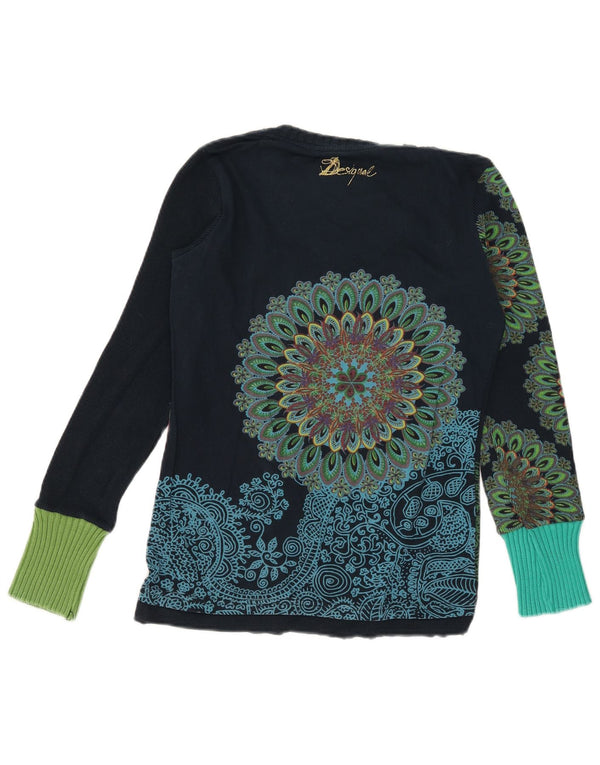 Desigual Womens Graphic Top Long Sleeve UK 10 Small Navy Blue Floral Cotton