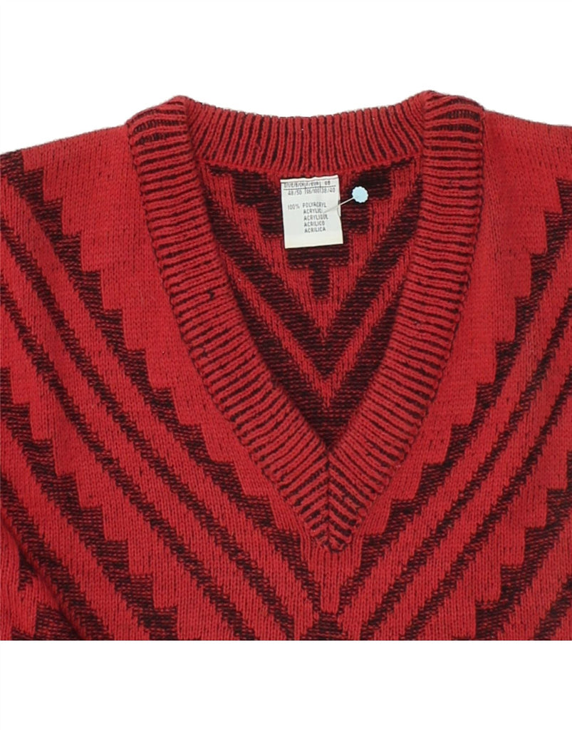 VINTAGE Mens V-Neck Jumper Sweater UK 38/40 Medium Red Geometric Acrylic | Vintage Vintage | Thrift | Second-Hand Vintage | Used Clothing | Messina Hembry 