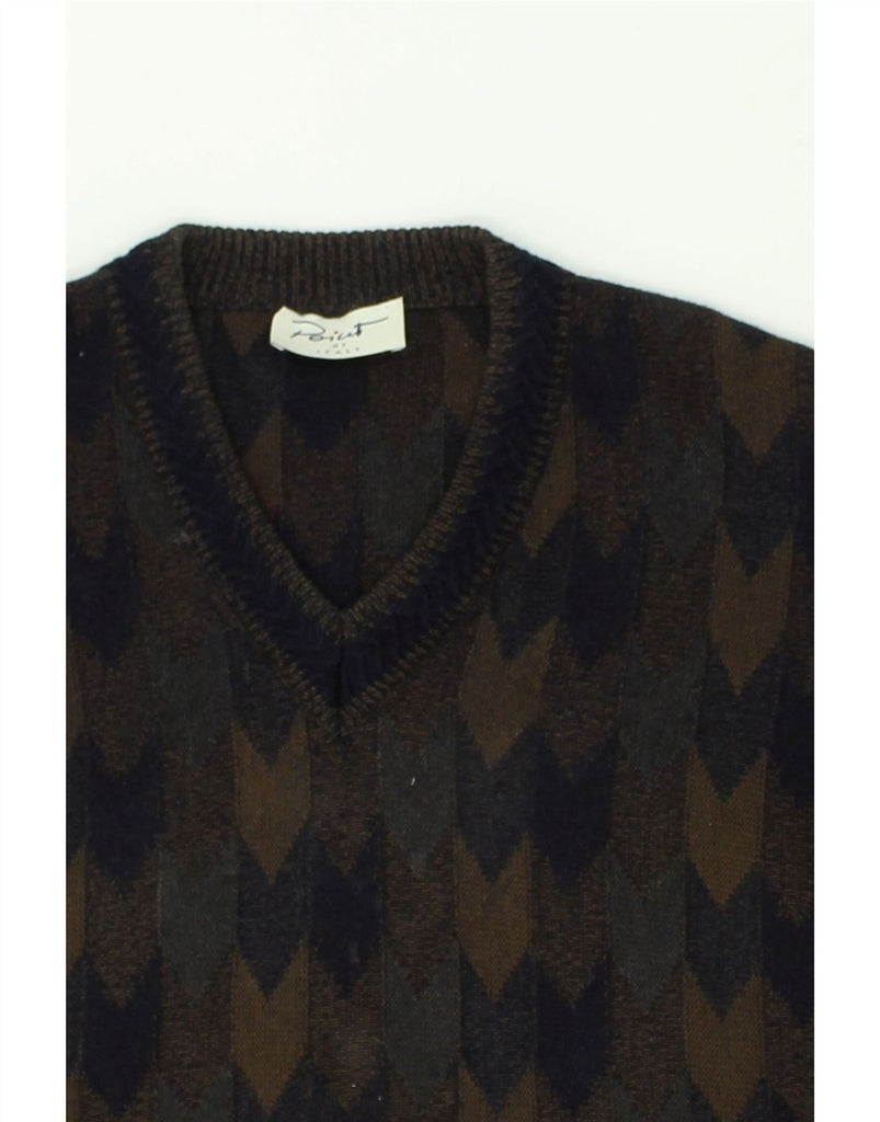 VINTAGE Mens Abstract Pattern V-Neck Jumper Sweater Medium Brown | Vintage Vintage | Thrift | Second-Hand Vintage | Used Clothing | Messina Hembry 