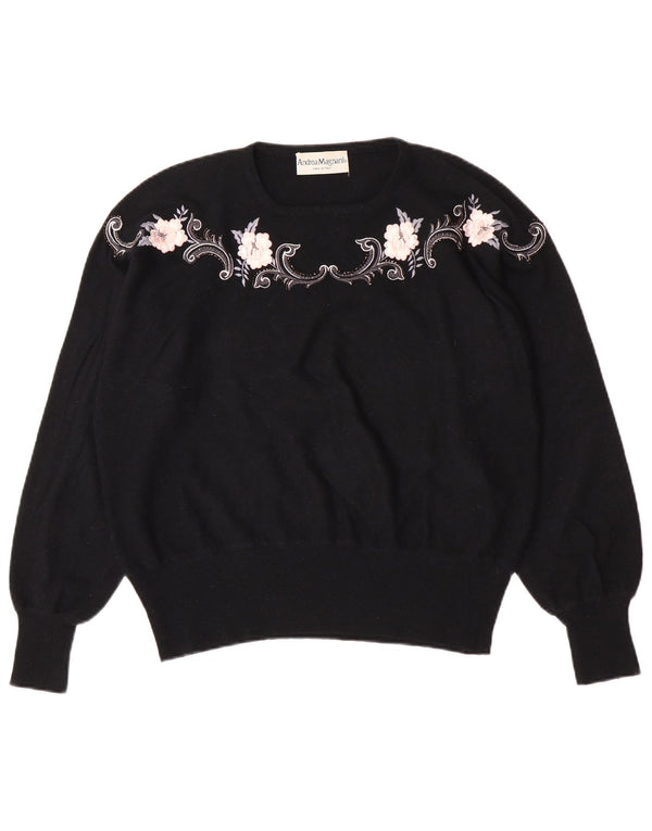 Vintage Womens Crew Neck Jumper Sweater UK 16 Large Black Floral Wool
