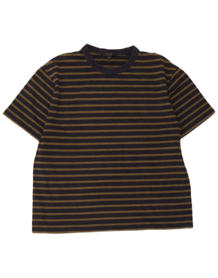 Cos Mens Regular T-Shirt Top Large Navy Blue Striped Cotton
