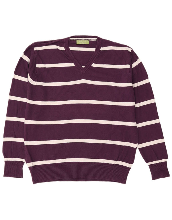 Zara Mens V-Neck Jumper Sweater XL Purple Striped Cotton