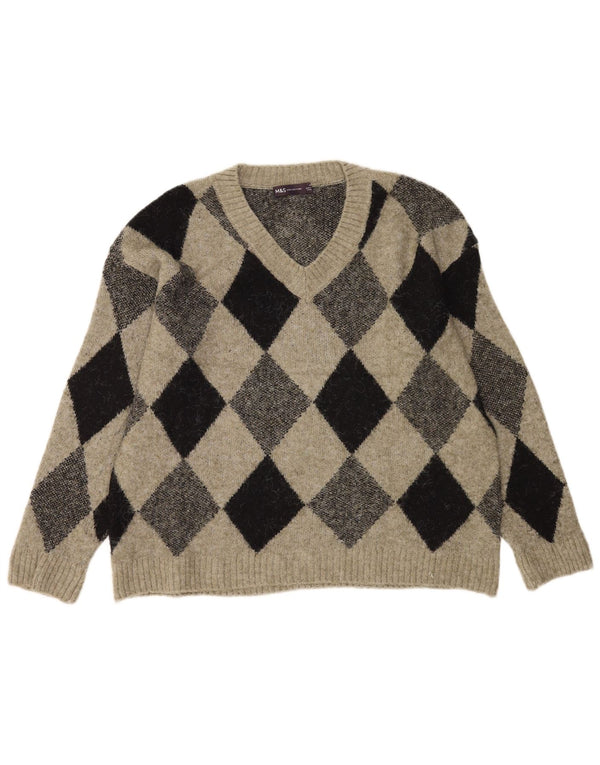 Marks & Spencer Mens V-Neck Jumper Sweater Medium Khaki Argyle/Diamond