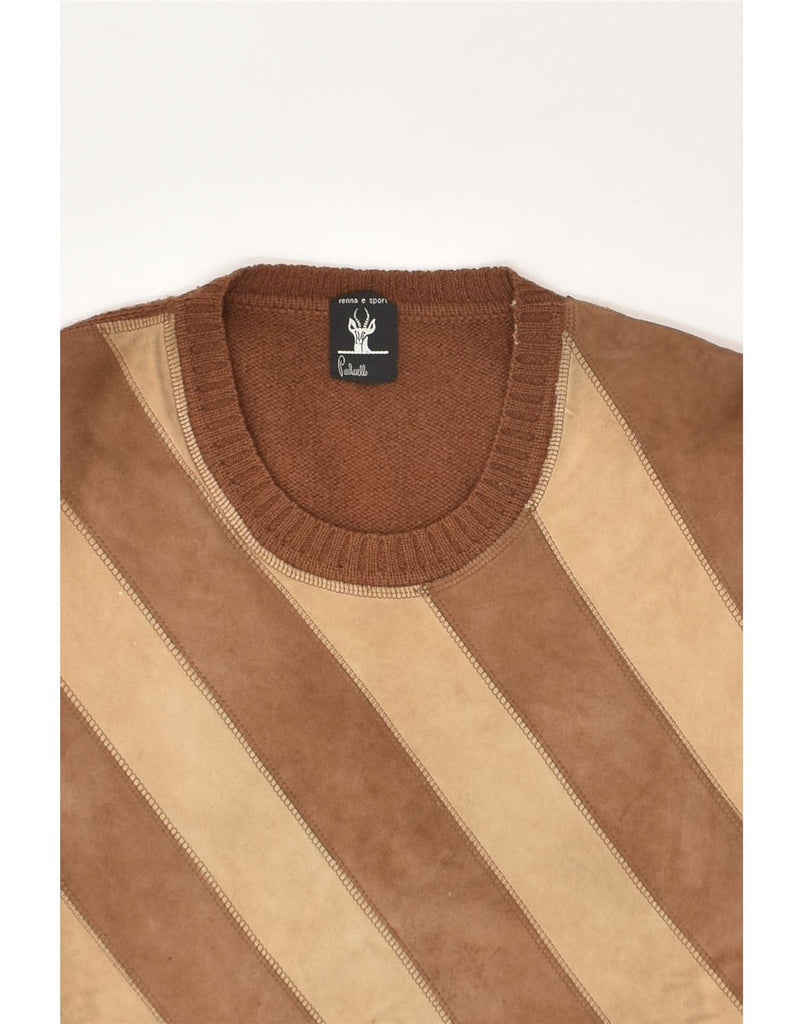 VINTAGE Mens Crew Neck Jumper Sweater Medium Brown Striped | Vintage Vintage | Thrift | Second-Hand Vintage | Used Clothing | Messina Hembry 