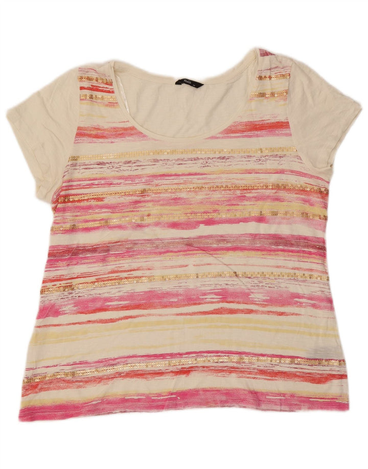 M&Co Womens T-Shirt Top UK 14 Medium White Striped Cotton