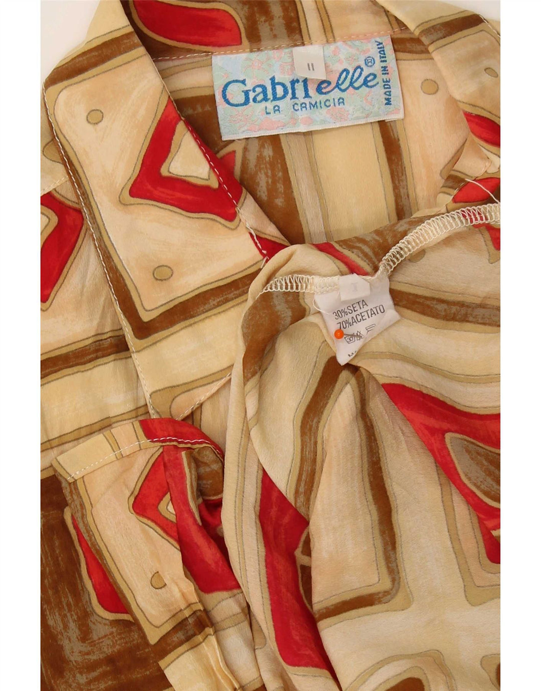 Gabrielle Womens Short Sleeve Shirt Blouse UK 16 Large Beige Patchwork Silk