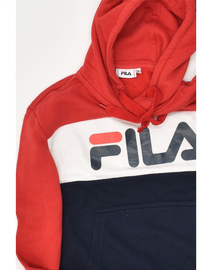 FILA Womens Graphic Hoodie Jumper UK 6 XS Red Colourblock Cotton | Vintage Fila | Thrift | Second-Hand Fila | Used Clothing | Messina Hembry 