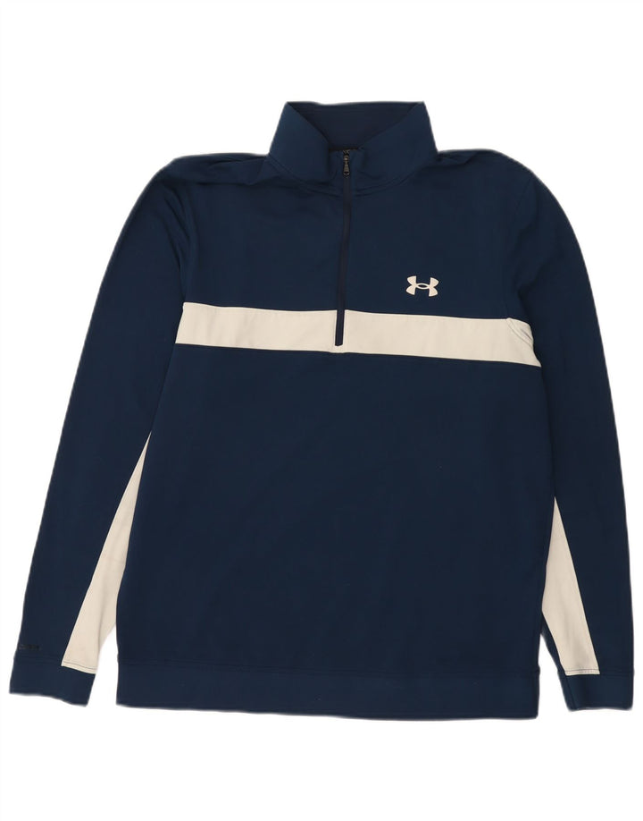 UNDER ARMOUR Mens Zip Neck Sweatshirt Jumper Medium Navy Blue Colourblock