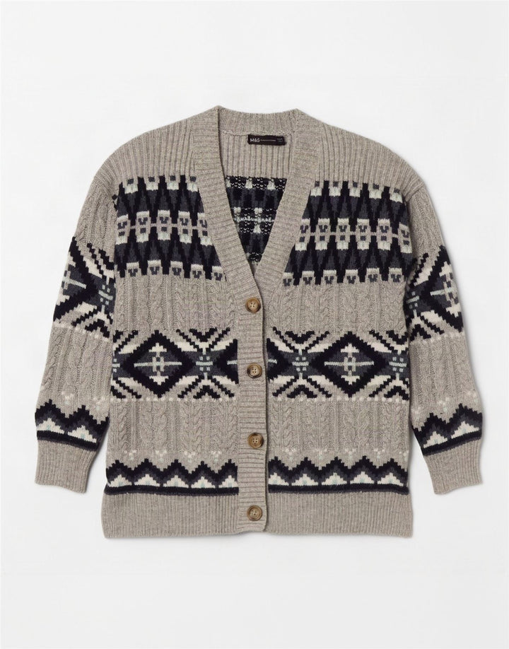 Marks & Spencer Womens Cardigan Sweater UK 14 Medium Grey Fair Isle
